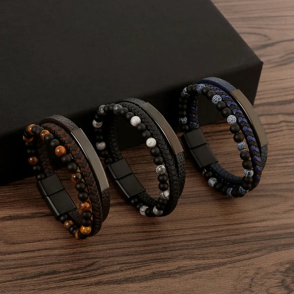 Casual Simple Style Geometric Stainless Steel Pu Leather Natural Stone Beaded Men'S Wristband