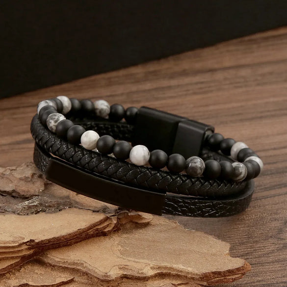 Casual Simple Style Geometric Stainless Steel Pu Leather Natural Stone Beaded Men'S Wristband