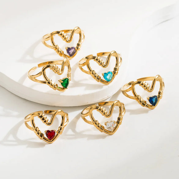 Wholesale Jewelry Casual Simple Style Round Heart Shape 304 Stainless Steel Rhinestones 14K Gold Plated Plating Inlay Open Rings
