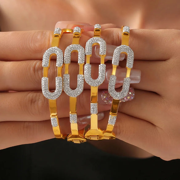 Casual Simple Style Round Lines 304 Stainless Steel 18K Gold Plated Rhinestones Bangle In Bulk