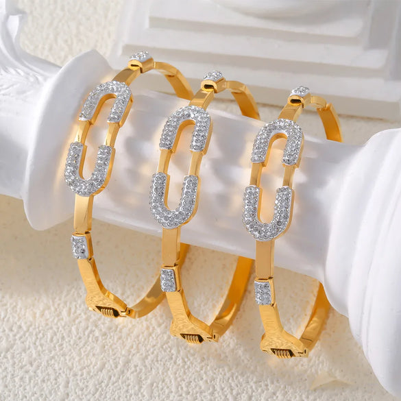Casual Simple Style Round Lines 304 Stainless Steel 18K Gold Plated Rhinestones Bangle In Bulk