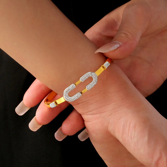 Casual Simple Style Round Lines 304 Stainless Steel 18K Gold Plated Rhinestones Bangle In Bulk