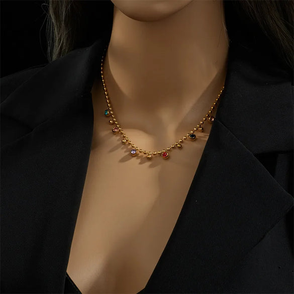 304 Stainless Steel 18K Gold Plated Casual Simple Style Plating Inlay Round Artificial Rhinestones Necklace