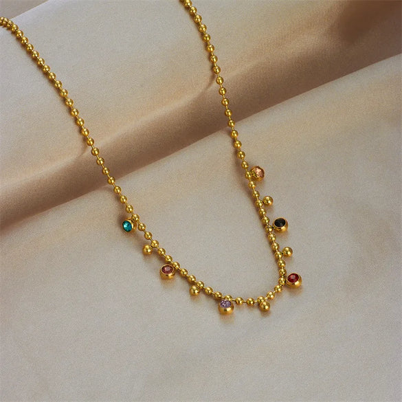 304 Stainless Steel 18K Gold Plated Casual Simple Style Plating Inlay Round Artificial Rhinestones Necklace