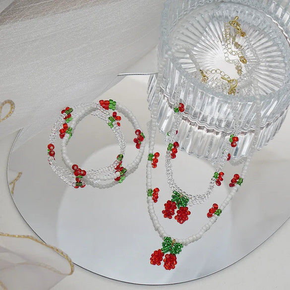 Casual Sweet Simple Style Cherry Crystal Copper Beaded Women'S Bracelets Necklace
