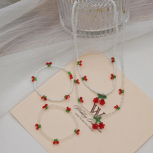 Casual Sweet Simple Style Cherry Crystal Copper Beaded Women'S Bracelets Necklace