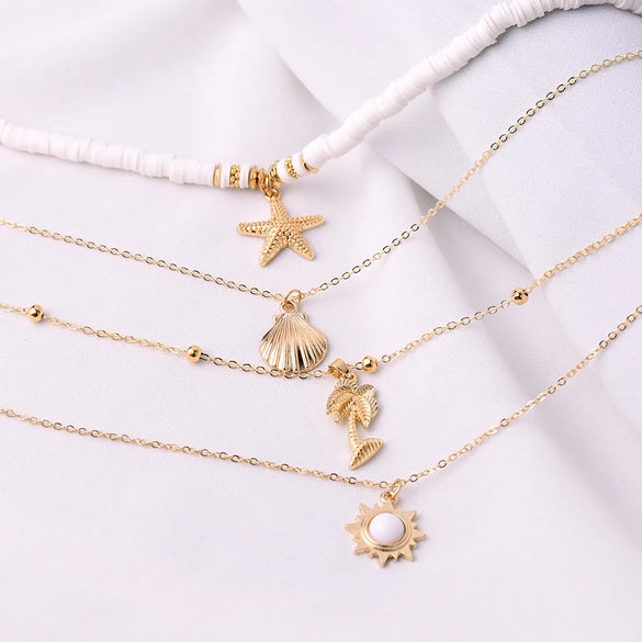 Casual Vacation Coconut Tree Starfish Shell Alloy Soft Clay Heishi Plating Women's Layered Necklaces