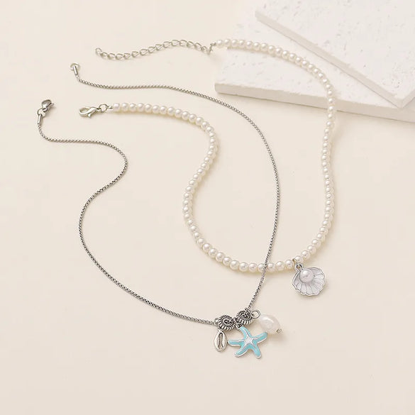 Casual Vacation Marine Style Starfish Shell Artificial Pearl Alloy Titanium Steel Wholesale Pendant Necklace