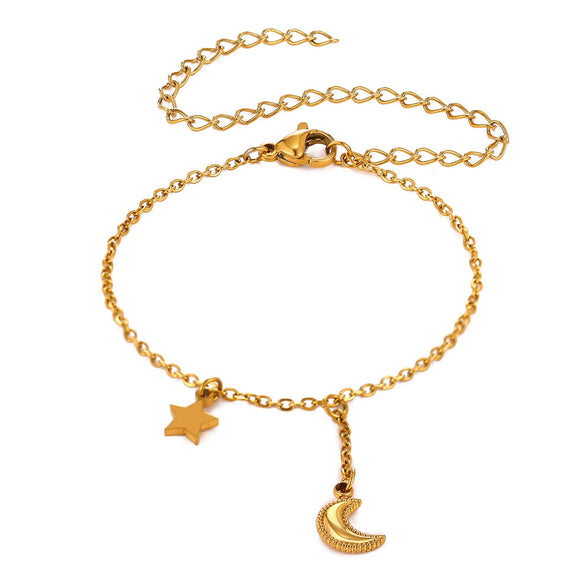 Celestial Moon And Star Zircon Goldplated Stainless Steel Bracelet For Unisex Wear
