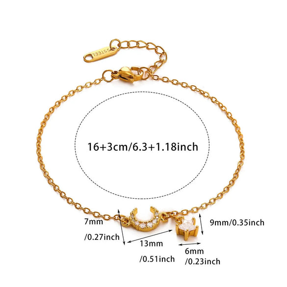 Celestial Moon And Star Zircon Goldplated Stainless Steel Bracelet For Unisex Wear