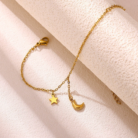 Celestial Moon And Star Zircon Goldplated Stainless Steel Bracelet For Unisex Wear