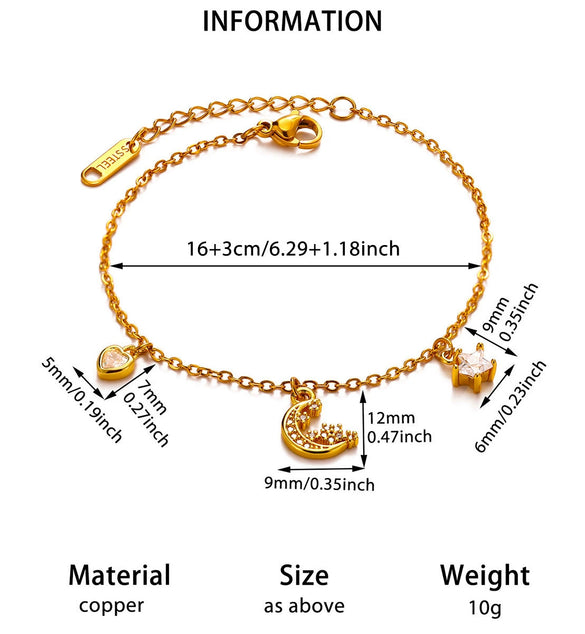 Celestial Moon And Star Zircon Goldplated Stainless Steel Bracelet For Unisex Wear