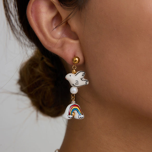 Ceramic And Stainless Steel Geometric Earrings For Women With Electroplating Design Light Luxury Style