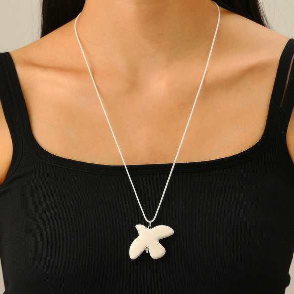 Ceramic Animal Pattern Peace Dove Pendant Necklace With Black Rope And Electroplating Design For Women