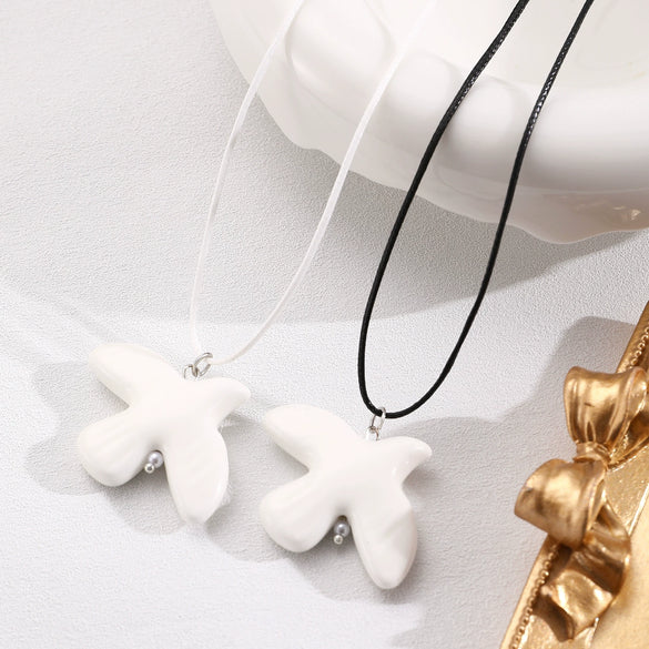 Ceramic Animal Pattern Peace Dove Pendant Necklace With Black Rope And Electroplating Design For Women