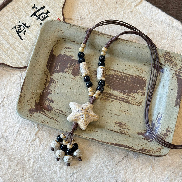 Ceramic Beads Starfish Women's Retro Braided Rope Necklace With Polish Finish