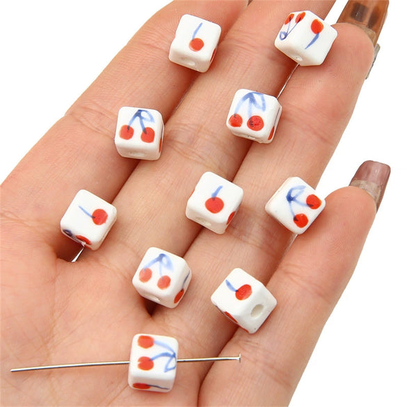Ceramic Handpainted Printed Cherry Square Beads For Diy Bracelet And Necklace Accessories