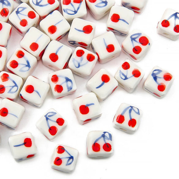 Ceramic Handpainted Printed Cherry Square Beads For Diy Bracelet And Necklace Accessories