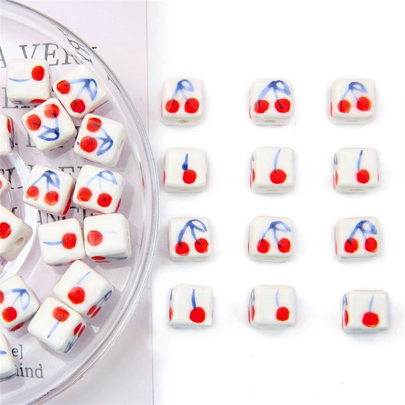 Ceramic Handpainted Printed Cherry Square Beads For Diy Bracelet And Necklace Accessories