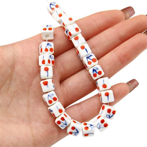Ceramic Handpainted Printed Cherry Square Beads For Diy Bracelet And Necklace Accessories