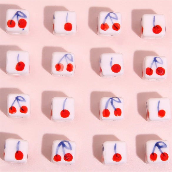 Ceramic Handpainted Printed Cherry Square Beads For Diy Bracelet And Necklace Accessories