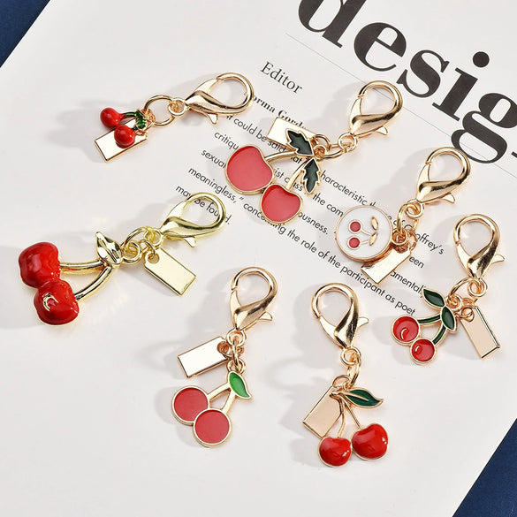 Cherry Pendant Keychain Jewelry For Women Made Of Metal And Crystal Resin With Dripping Oil Processing And Fruit Pattern