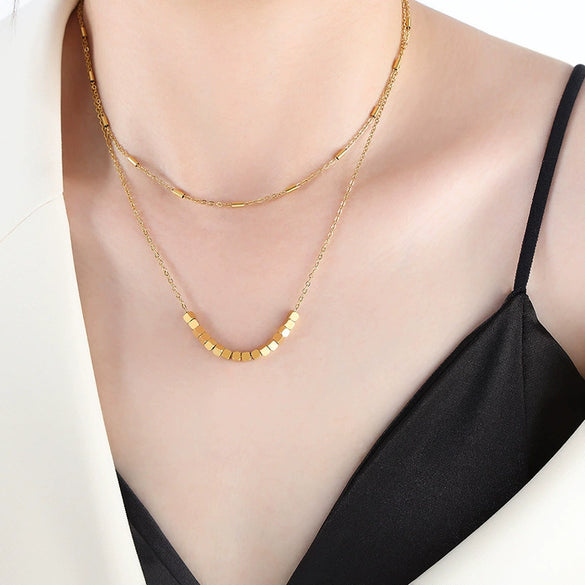 Chic Style Geometric Square Tassel Double Layer Titanium Steel Necklace With Electroplating For Girls
