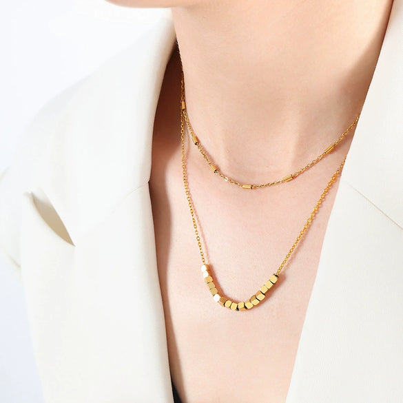Chic Style Geometric Square Tassel Double Layer Titanium Steel Necklace With Electroplating For Girls