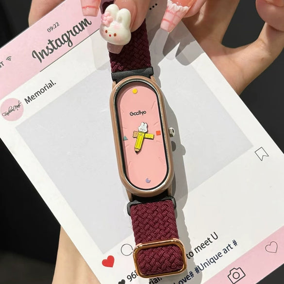 Childish Casual Watch With Alloy Case Canvas Strap Oval Dial And Mineral Strengthened Glass Mirror