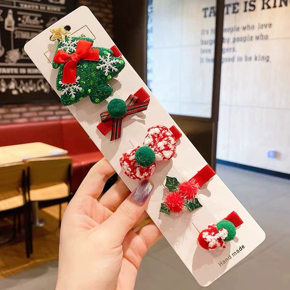 Children Hair Accessories Cloth Handmade Christmas Five Pieces Suit Bow Hairpin Snowman Christmas Tree Duckbill Clip
