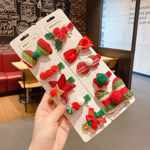 Children Hair Accessories Cloth Handmade Christmas Five Pieces Suit Bow Hairpin Snowman Christmas Tree Duckbill Clip