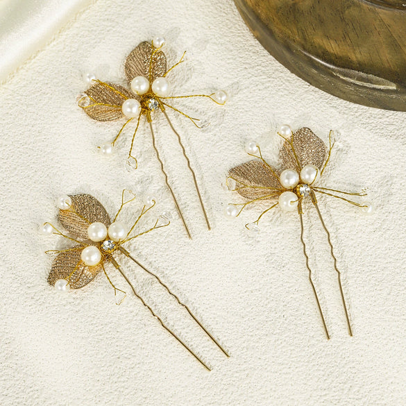 Children's And Women's Metal Handmade Ushaped Hairpin With Gold Leaf Crystal Pearl For Bridal Wedding Dress As Hair Accessories