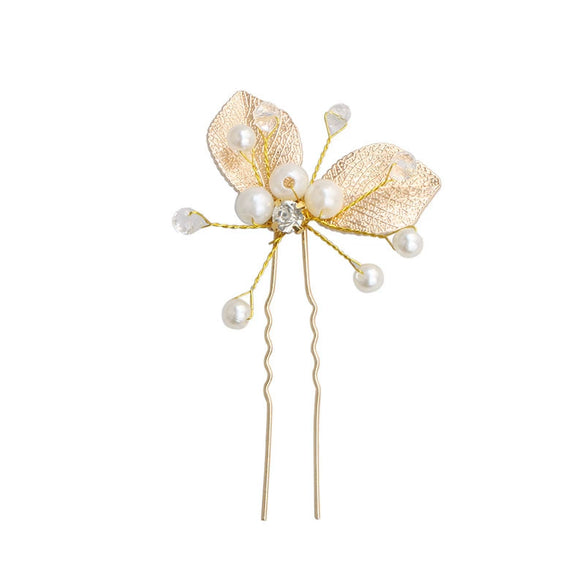 Children's And Women's Metal Handmade Ushaped Hairpin With Gold Leaf Crystal Pearl For Bridal Wedding Dress As Hair Accessories