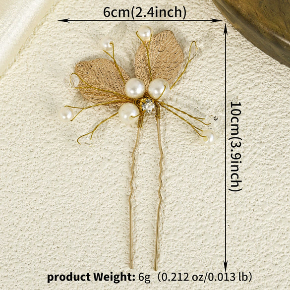 Children's And Women's Metal Handmade Ushaped Hairpin With Gold Leaf Crystal Pearl For Bridal Wedding Dress As Hair Accessories