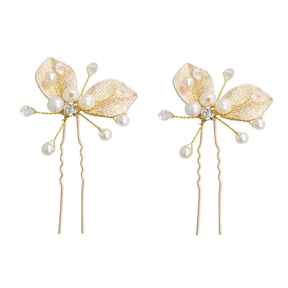 Children's And Women's Metal Handmade Ushaped Hairpin With Gold Leaf Crystal Pearl For Bridal Wedding Dress As Hair Accessories