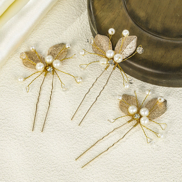 Children's And Women's Metal Handmade Ushaped Hairpin With Gold Leaf Crystal Pearl For Bridal Wedding Dress As Hair Accessories