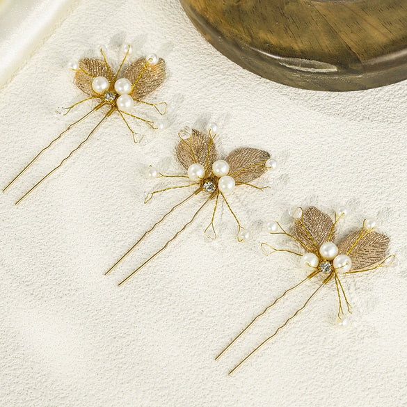 Children's And Women's Metal Handmade Ushaped Hairpin With Gold Leaf Crystal Pearl For Bridal Wedding Dress As Hair Accessories