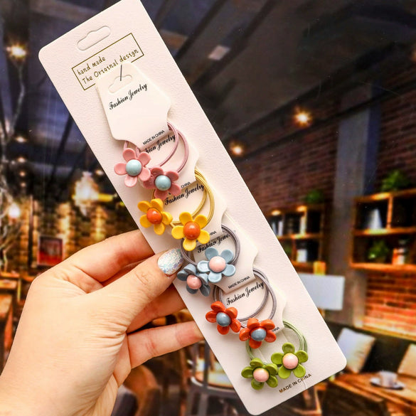 Children's Cartoon Flower Hair Tie Set With Soft Pottery Details Elastic Hair Bands And Cute Hair Accessories