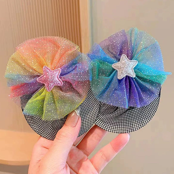Children's Colorful Star Yarn Handmade Hair Net For Girls Ball Head Net Pocket Updo Artifact Invisible Hair Cover Little Girl's Headdress
