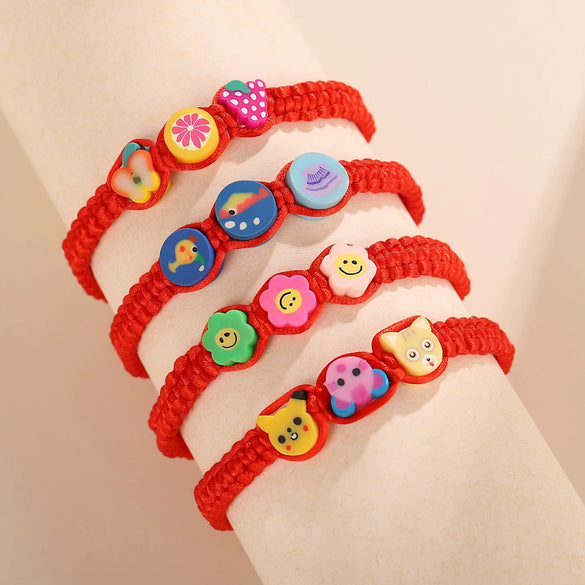 Children's Hand Woven Colorful Rope Bracelet With Soft Pottery Small Animal And Zodiac Cartoon Design Ethnic Style Made Of Soft Clay For Wholesale