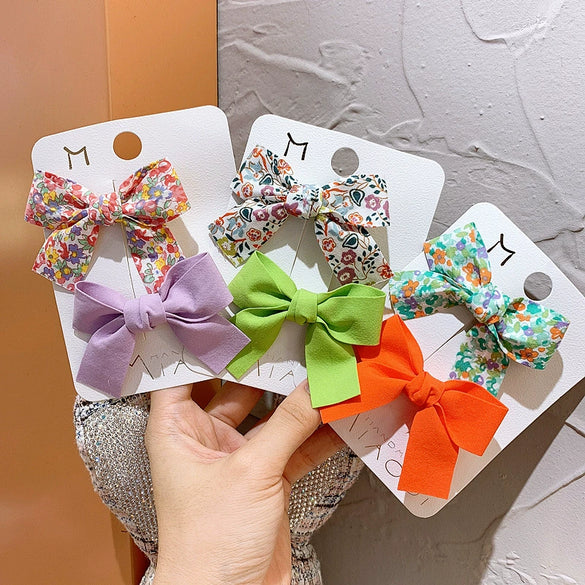 Children's Handmade Cloth Bow Duckbill Hair Clip Set Fresh Floral Macaron Color Side Hairpins Hair Accessories