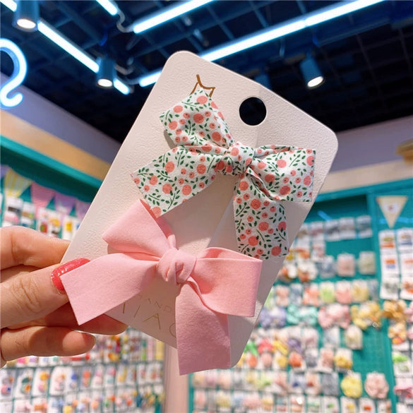 Children's Handmade Cloth Floral Bow Hairpin Set Macaron Color Side Press Clips Fresh Style Hair Accessories