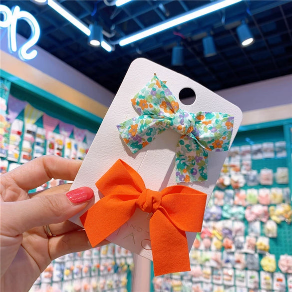 Children's Handmade Cloth Floral Bow Hairpin Set Macaron Color Side Press Clips Fresh Style Hair Accessories