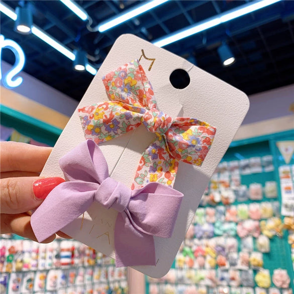 Children's Handmade Cloth Floral Bow Hairpin Set Macaron Color Side Press Clips Fresh Style Hair Accessories