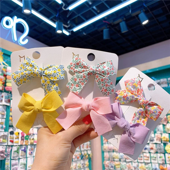 Children's Handmade Cloth Floral Bow Hairpin Set Macaron Color Side Press Clips Fresh Style Hair Accessories