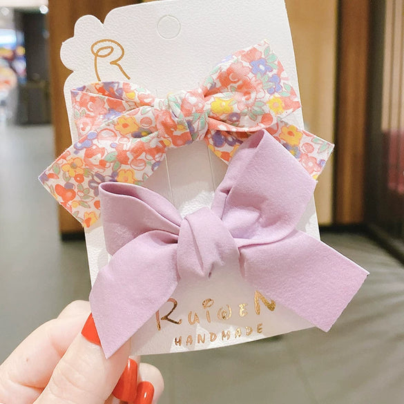 Children's Handmade Fabric Bow Side Hair Clip Sweet Pastoral Princess Style Girl Hair Accessories Two Piece Set