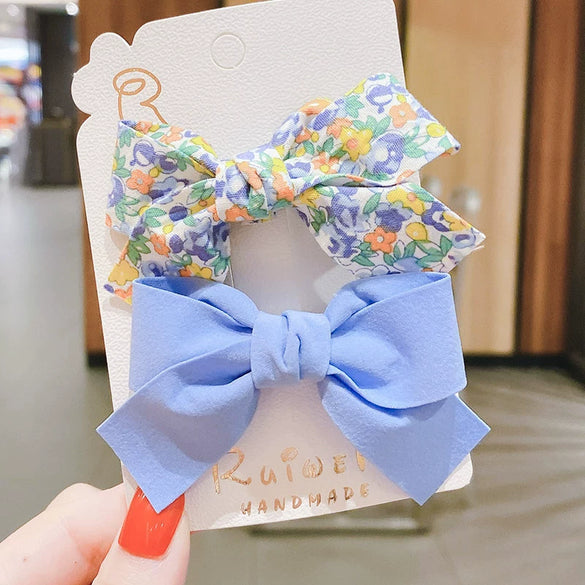 Children's Handmade Fabric Bow Side Hair Clip Sweet Pastoral Princess Style Girl Hair Accessories Two Piece Set