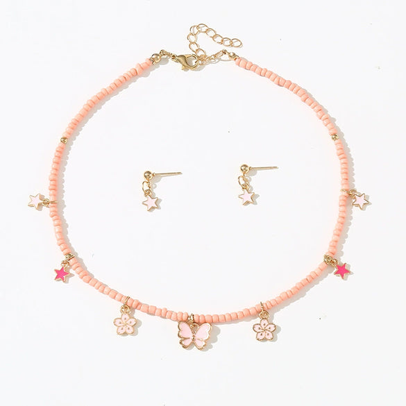 Children's Jewelry Set With Pink Rice Beads Butterfly Shell Pendant Geometric Pattern Handmade