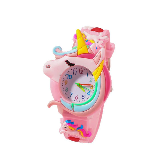 Children's Plastic Digital Scale Watch And Beaded Unicorn Necklace Set Cartoon Style Round Dial Spiral Crown Pin Buckle