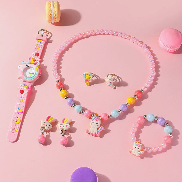 Children's Plastic Digital Scale Watch And Beaded Unicorn Necklace Set Cartoon Style Round Dial Spiral Crown Pin Buckle
